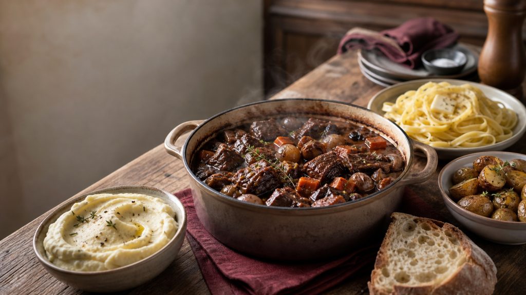 Bœuf bourguignon servi dans une cocotte avec purée de pommes de terre, tagliatelles, pommes de terre rôties et pain de campagne