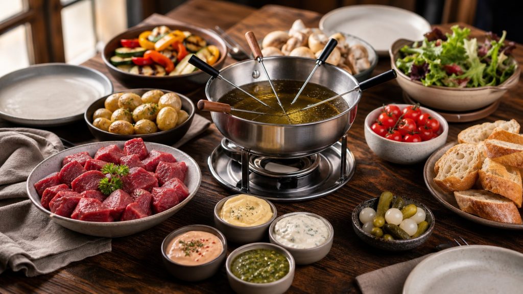Fondue bourguignonne entourée de pommes de terre rôties, salade, pain, légumes, cornichons et sauces gourmandes sur une table en bois