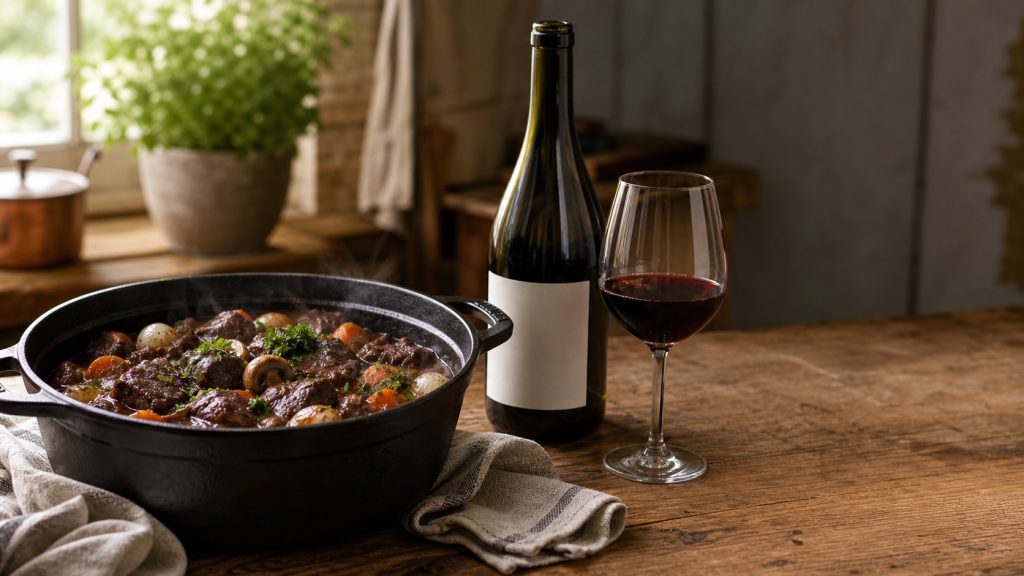 Bœuf bourguignon mijoté en cocotte avec bouteille et verre de vin rouge de Bourgogne sur table rustique
