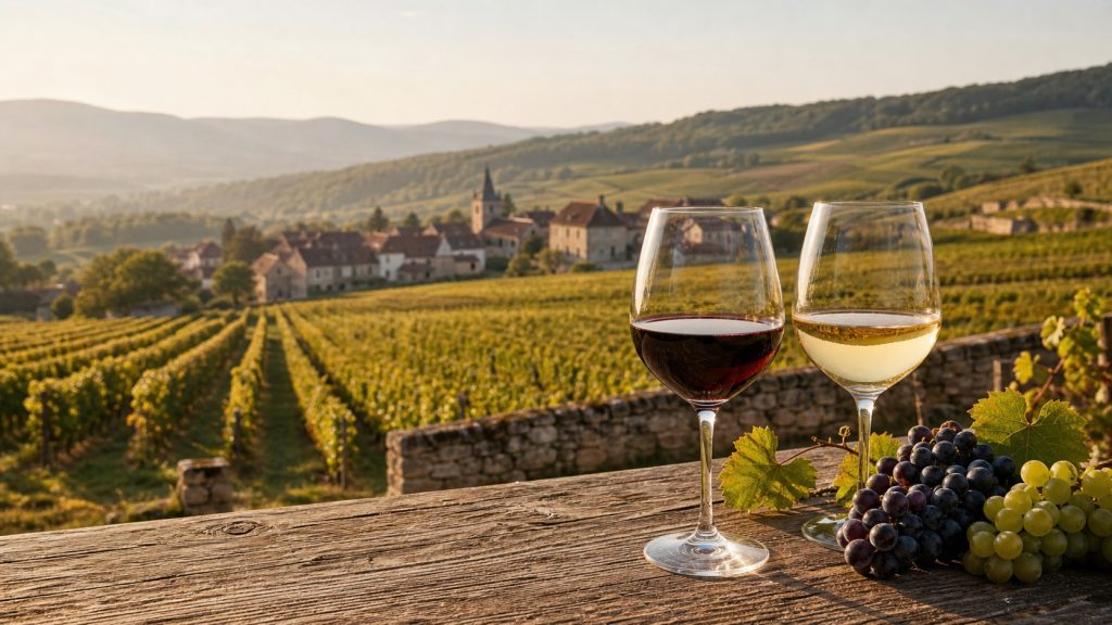 Vignobles de Bourgogne au coucher du soleil avec deux verres de vin rouge et blanc et des grappes de raisins Pinot Noir et Chardonnay