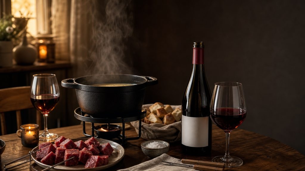 Fondue bourguignonne avec cubes de bœuf, pain et vin rouge sur une table en bois dans une ambiance chaleureuse.