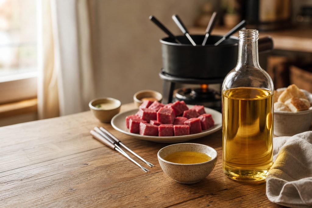 Fondue bourguignonne avec bouteille d’huile dorée, dés de bœuf cru et fourchettes sur une table en bois.