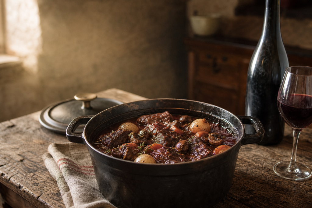 Cocotte de bœuf bourguignon fumant accompagnée d’une bouteille et d’un verre de vin rouge de Bourgogne sur une table rustique.