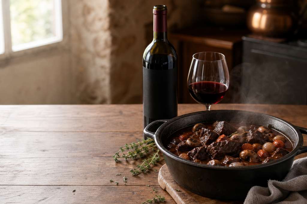 Bœuf bourguignon mijoté en cocotte avec une bouteille et un verre de vin rouge sur une table de cuisine rustique