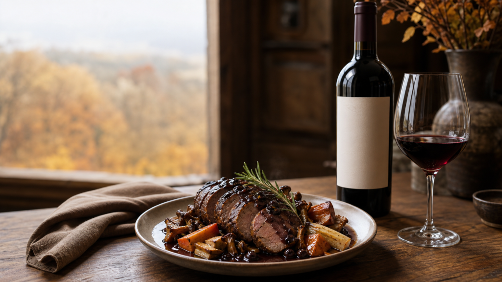 Plat de sanglier rôti accompagné de légumes d’automne, d’une bouteille de vin rouge et d’un verre de vin sur une table rustique.