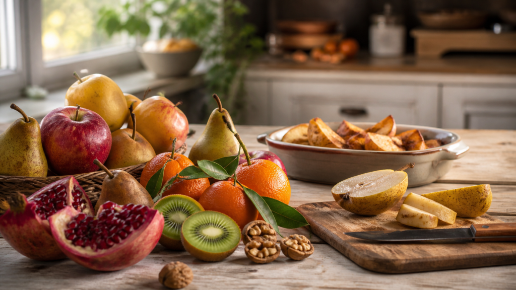 Assortiment de fruits d’hiver frais avec pommes, poires, clémentines, kiwi et grenade, accompagné d’un plat de fruits rôtis dans une cuisine chaleureuse.