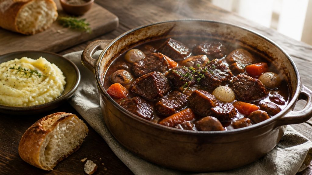 Bœuf bourguignon traditionnel en cocotte avec morceaux de bœuf mijotés, carottes, champignons, oignons grelots, purée maison et pain de campagne.