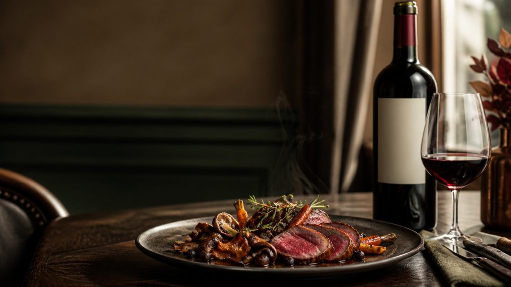 Filet de chevreuil rosé accompagné de champignons, carottes rôties et vin rouge, pour illustrer les accords mets et vins avec le chevreuil.