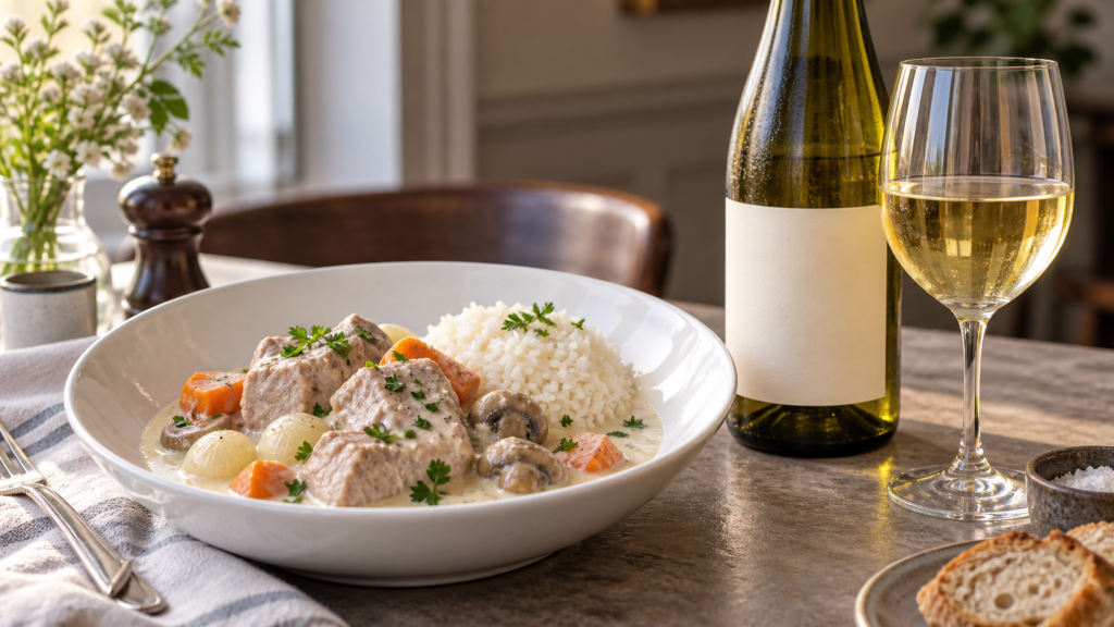 Blanquette de veau crémeuse servie avec du riz, accompagnée d’une bouteille et d’un verre de vin blanc sec.