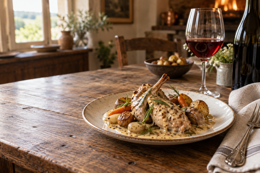 Lapin en sauce crémeuse servi avec légumes rôtis et verre de vin rouge sur une table française rustique et élégante