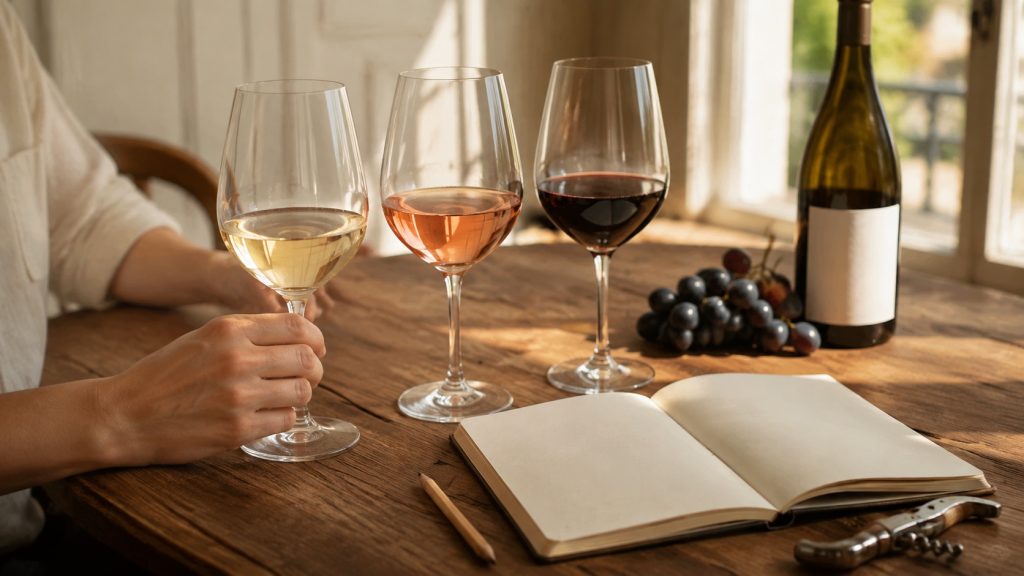 Découverte du vin avec trois verres de dégustation, un carnet et des raisins sur une table en bois baignée de lumière naturelle.