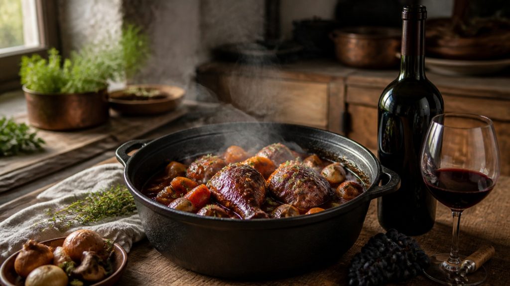 Coq au vin mijoté dans une cocotte en fonte, accompagné d’une bouteille et d’un verre de vin rouge sur une table rustique.