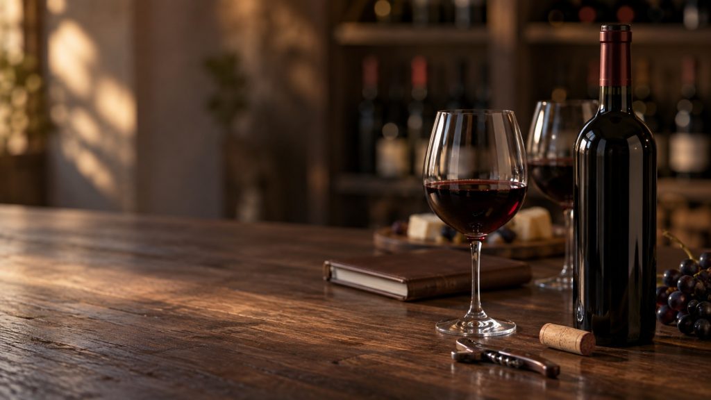 Bouteille de vin rouge non étiquetée, verres de dégustation, bouchon et tire-bouchon sur une table en bois dans une cave chaleureuse.