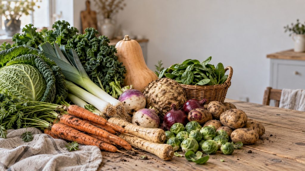 Assortiment de légumes de saison en janvier sur une table en bois : choux, poireaux, carottes, panais, navets, céleri-rave, courge, pommes de terre et choux de Bruxelles.