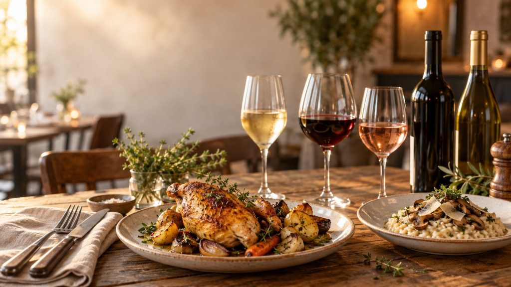 Table de bistrot français avec poulet rôti, risotto aux champignons et trois verres de vin rouge, blanc et rosé pour illustrer les accords mets et vins.
