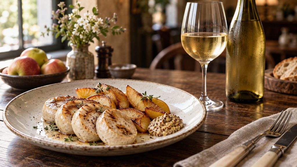 Boudin blanc poêlé accompagné de quartiers de pommes caramélisés, moutarde à l’ancienne et verre de vin blanc sur une table de bistrot français.