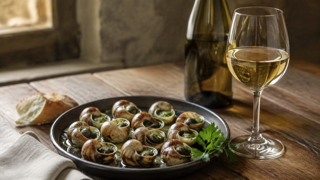 Escargots de Bourgogne au beurre persillé servis avec un verre de vin blanc sec sur une table en bois.