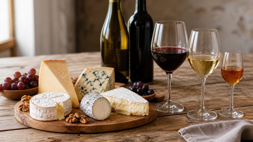 Plateau de fromages français variés accompagné de verres de vin rouge, blanc et liquoreux sur une table en bois.