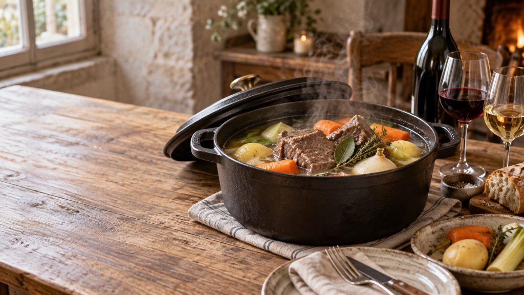 Pot-au-feu traditionnel fumant servi dans une cocotte, accompagné d’un verre de vin rouge et d’un verre de vin blanc sur une table rustique élégante.