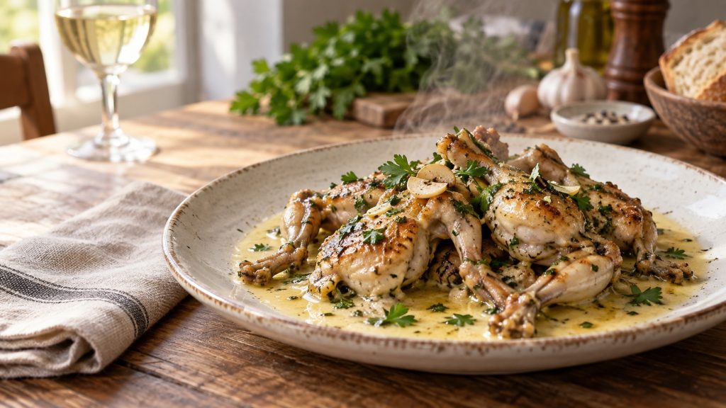 Cuisses de grenouille dorées servies dans une sauce à la crème, persil et ail sur une assiette rustique.