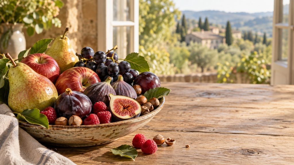 Assortiment de fruits de saison — poires, pommes, figues, raisins, prunes et framboises — sur une table en bois près d’une fenêtre ouverte.