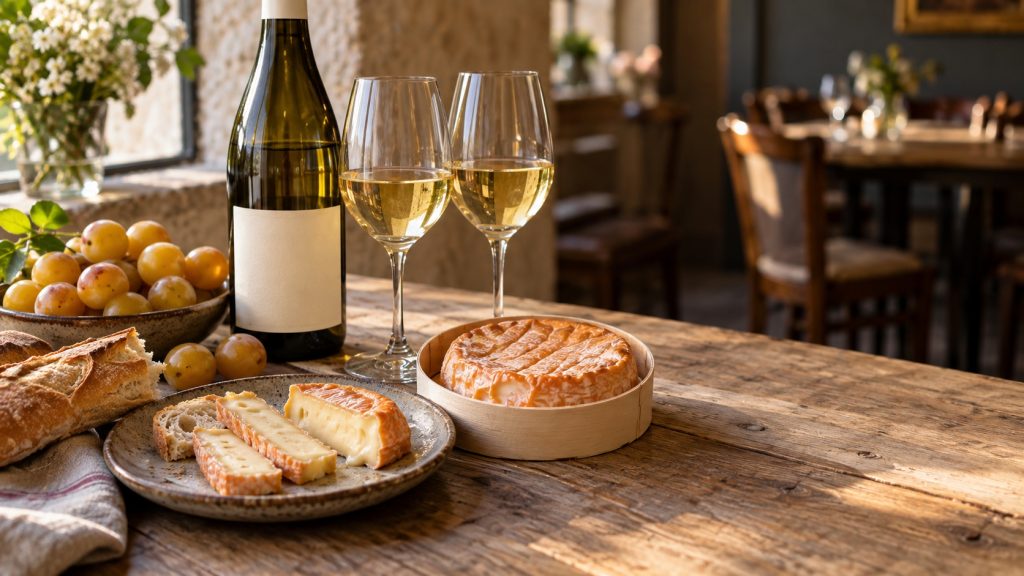 Époisses crémeux présenté dans sa boîte en bois, accompagné de tranches de pain, de mirabelles et de deux verres de vin blanc sur une table rustique.