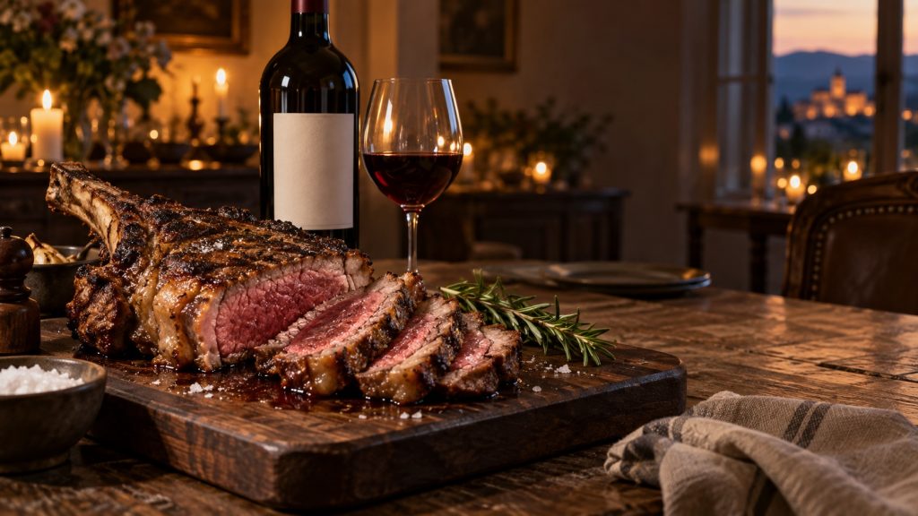 Côte de bœuf grillée et tranchée, servie avec une bouteille et un verre de vin rouge sur une table rustique.