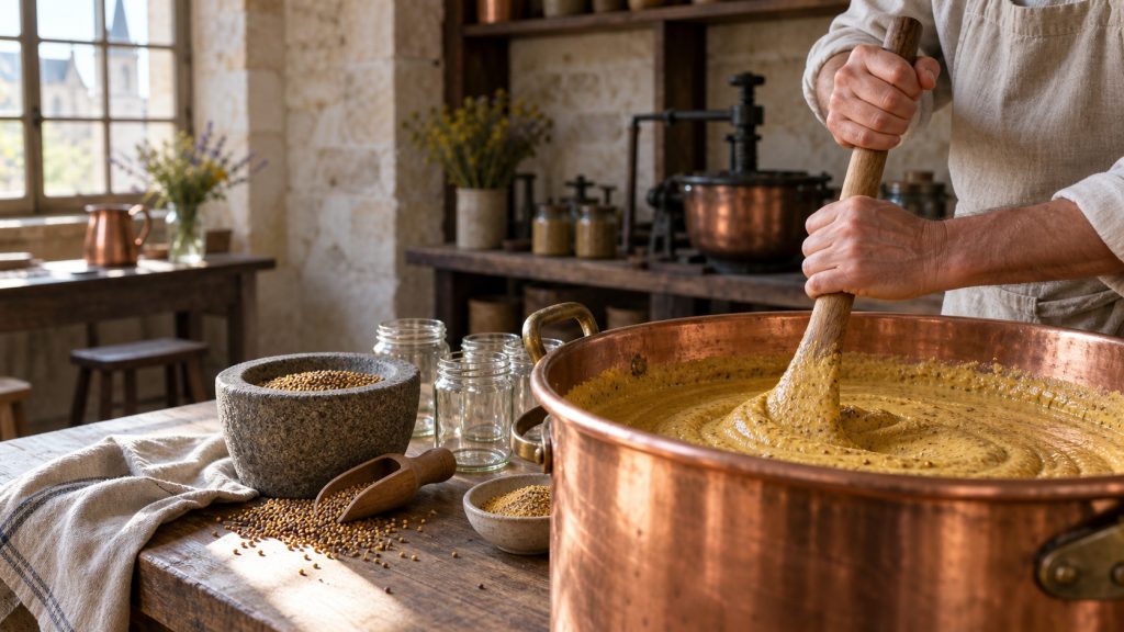 Atelier traditionnel de moutarde à Dijon avec cuve en cuivre et préparation artisanale de moutarde
