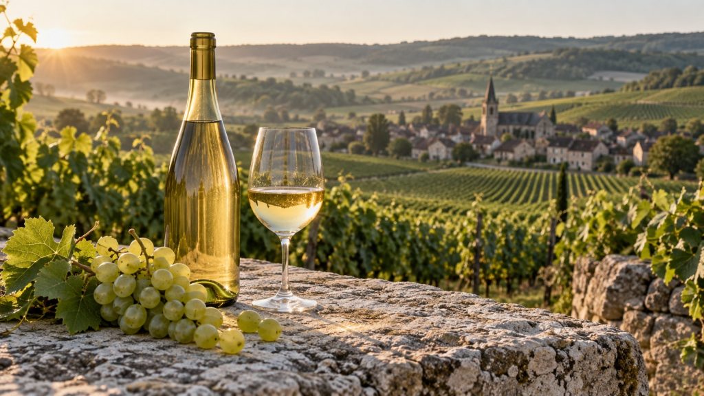 Bouteille de vin blanc nature non étiquetée et verre de Chablis sur une table en pierre, devant des vignes de Bourgogne au lever du soleil